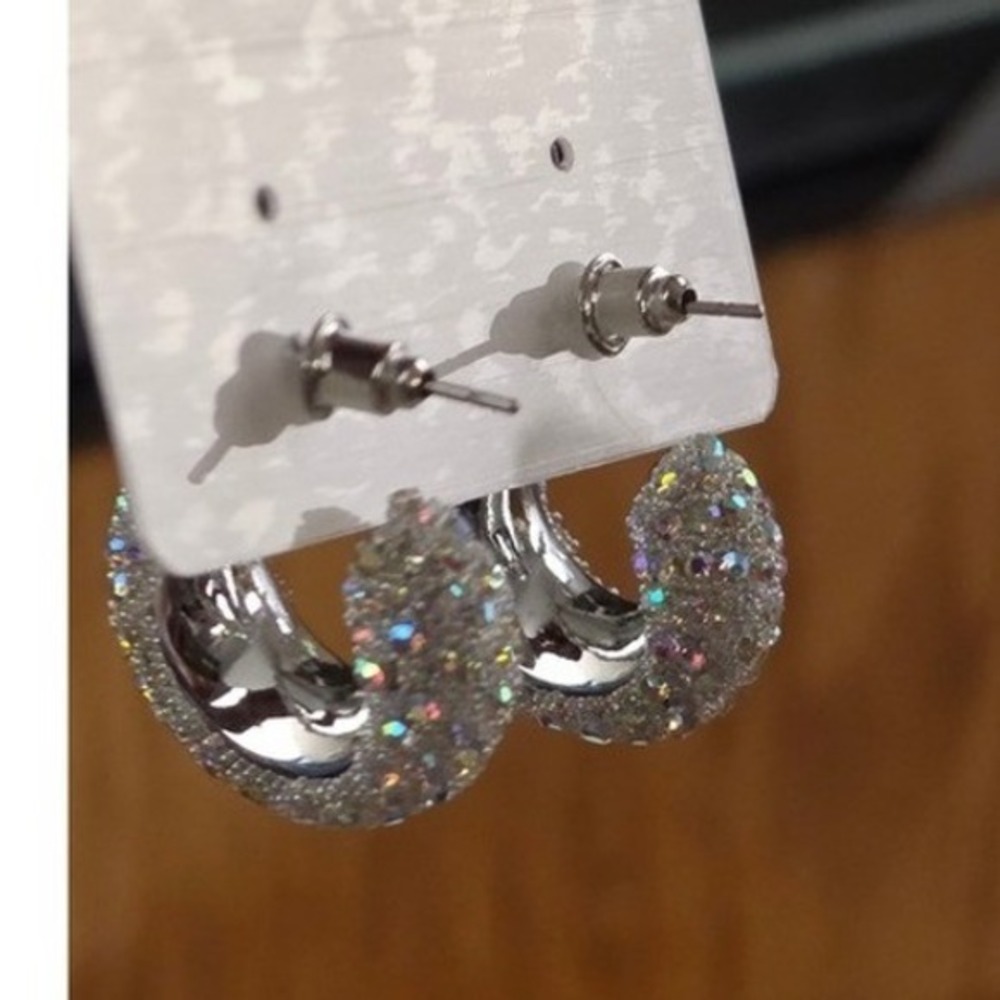 Ellas Chunky Hoop Earrings Silver Iridescent New AB Crystal Rhinestone Statement - Picture 4 of 4